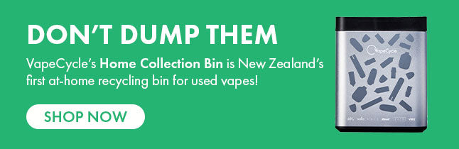 Don't dump them. VapeCycle's Home Collection Bin is New Zealand's first at-home recycling bin for used vapes! Link to: Shop Now